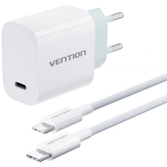 Cargador de pared vention g13w0-eu/ 1xusb tipo-c + cable usb tipo-c/ 1xusb/ 30w