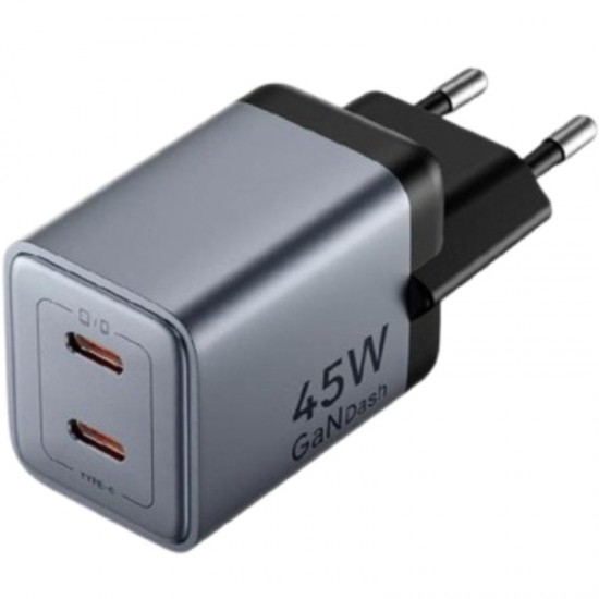 Cargador de pared gan vention tz-fcdh0-eu/ 2xusb tipo-c + cable usb tipo-c/ 45w