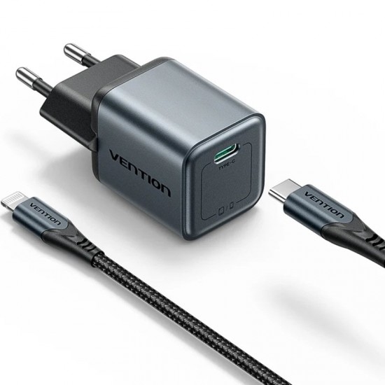 Cargador de pared gan vention tz-fevh0-eu/ 1xusb tipo-c + cable lightning/ 20w