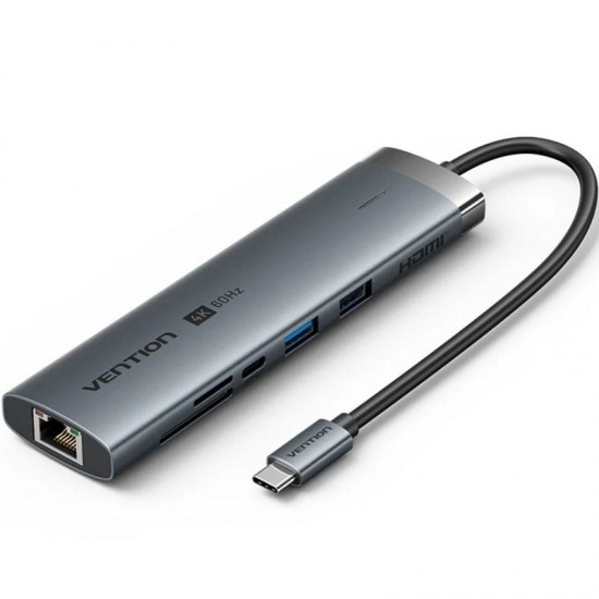 Hub usb tipo-c 3.2 vention tgvhb/ 2xusb/ 1xusb tipo-c pd/ 1xusb tipo-c/ 1xrj45/ 1xlector de tarjetas/ 1xjack 3.5mm/ 1xhdmi/ gris