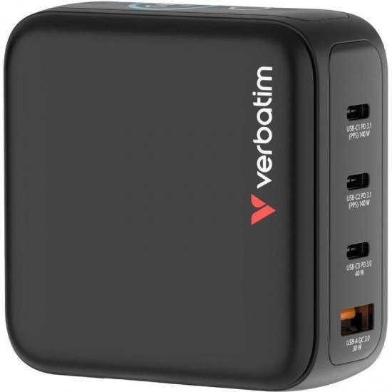 Cargador de pared universal gan para viaje verbatim mini gan charger con pantalla/ 3xusb tipo-c/ 1xusb/ 140w