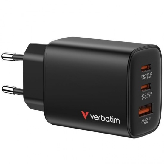 Cargador de pared gan verbatim essentials/ 2xusb tipo-c/ 1xusb/ 65w